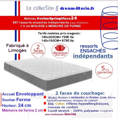 Matelas Herina-Spring-Visco Haut.24cm à ressorts ensachés indépendants + Visco...