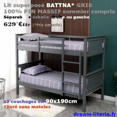 BATTNA Lits superposés 2x(90x190)CM PIN 100% MASSIF, avec SOMMIERS.