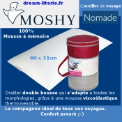 NOMADE l'Oreiller 100% mousse à mémoire spécial "voyage" 60x31cm. Avec sac transport.