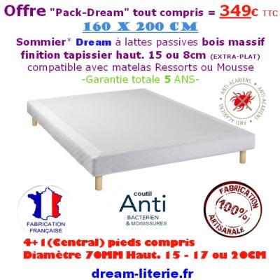 Sommier tapissier 160x200 Pack-Dream 15 cm + 5 pieds