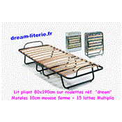 Lit pliant 80x190cm sur roulettes, Sommier lattes et matelas 10cm.