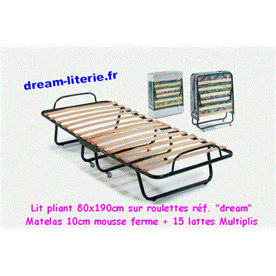 Lit pliant 80x190cm sur roulettes, Sommier lattes et matelas 10cm.